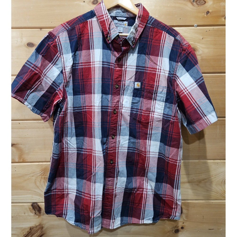 Carhartt Men's XL Relaxed Fit Plaid Button Front‎ Shirt Short Sleeve Red Blue...